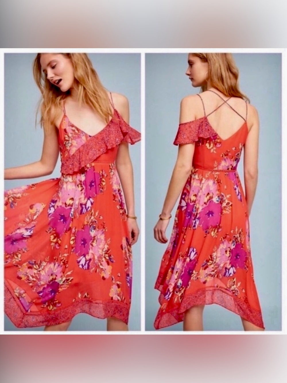 Maeve Grecia Dress Fairy Floral Ruffles Strappy Scarf Hem SZ 8 Silky Flowy - Picture 4 of 10